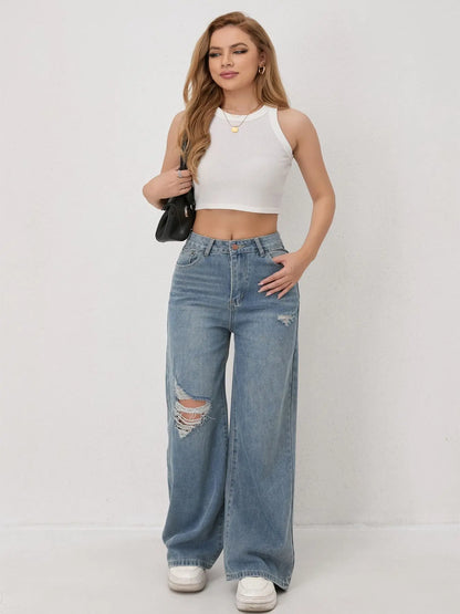 Calças Jeans de Perna Larga e Reta