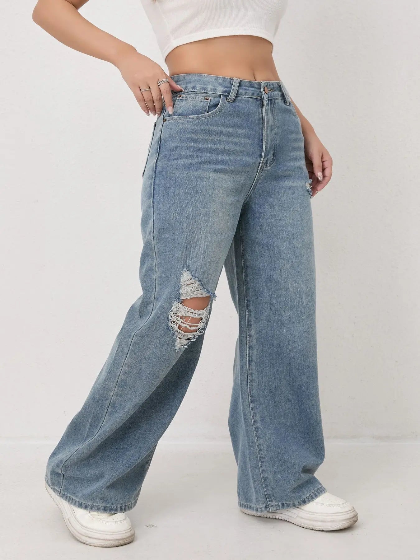 Calças Jeans de Perna Larga e Reta