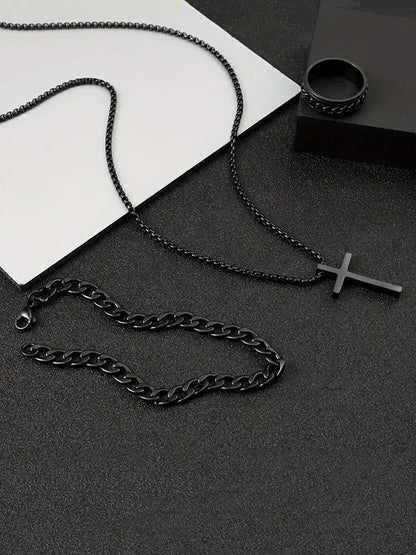 Conjunto de 3 Peças em Aço Inoxidável com Pingente de Cruz