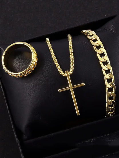 Conjunto de 3 Peças em Aço Inoxidável com Pingente de Cruz