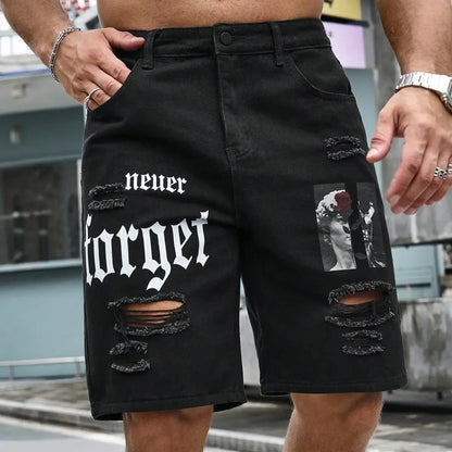 Bermuda Jeans Masculina Streetwear Rasgadas com Estampa