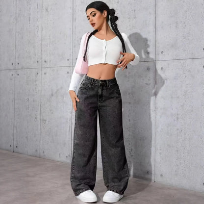 Jeans Femininos de Cintura Alta e Modelagem Larga (Loose Fit) com Perna Reta