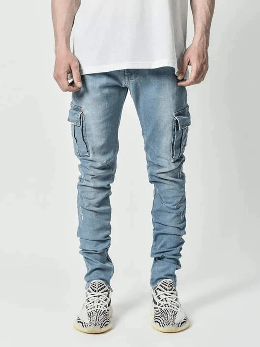 Calça Jeans Cargo com Vários Bolsos