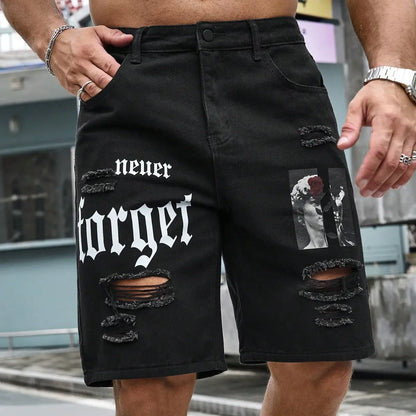 Bermuda Jeans Masculina Streetwear Rasgadas com Estampa