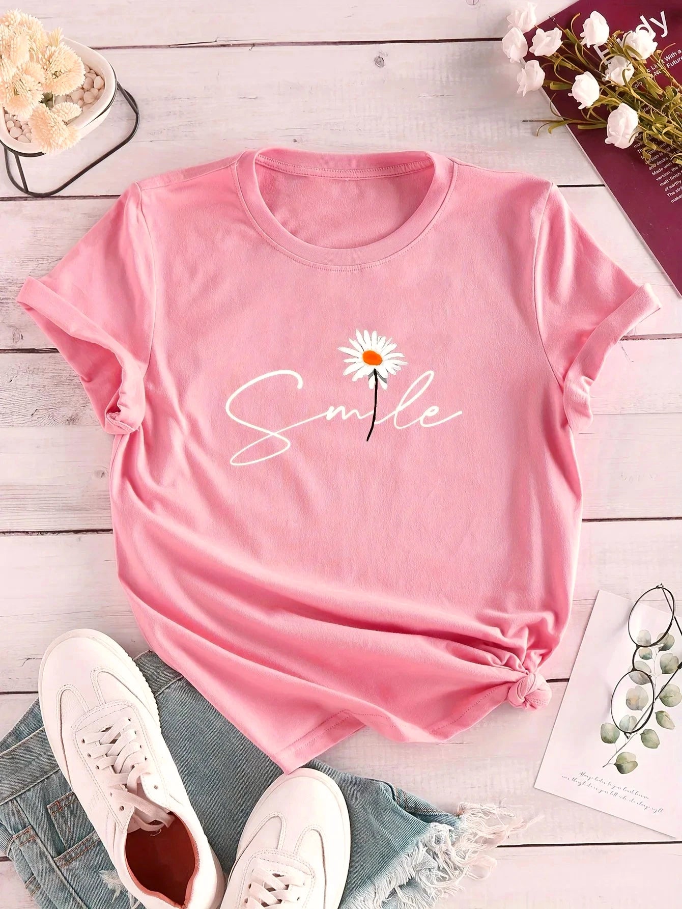 Camiseta de Gola Careca Estampa de Flores