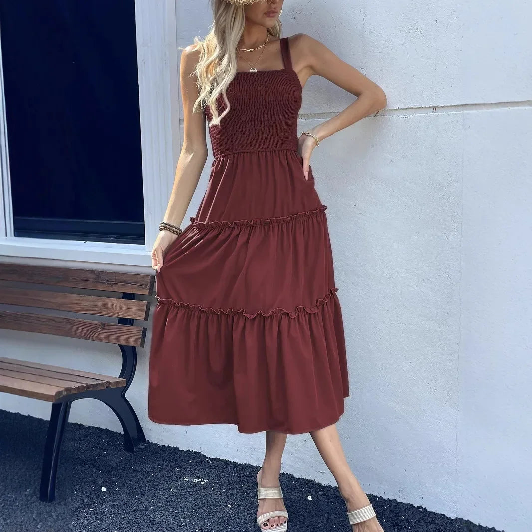 Vestido Feminino Halter Verão Cintura Elástica Midi Lisa Sem Mangas