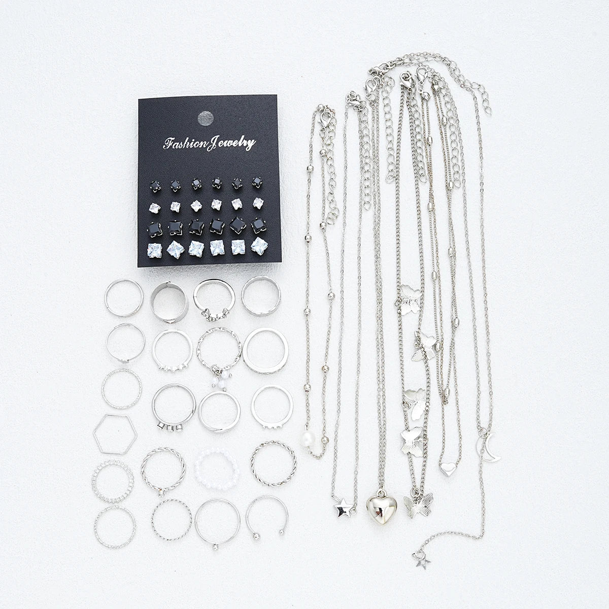 Conjunto Chique de Joias Prateadas com 51 Peças
