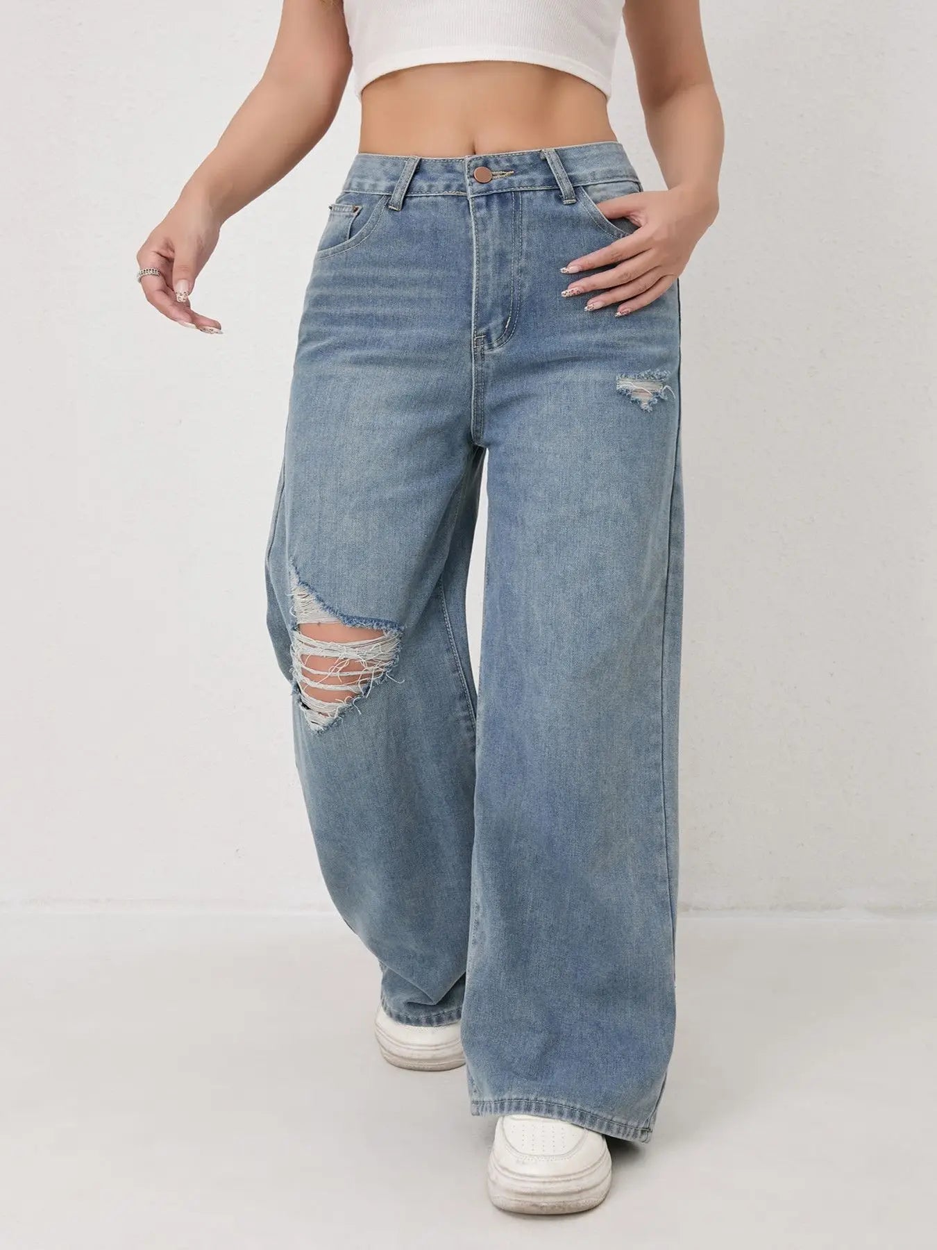 Calças Jeans de Perna Larga e Reta