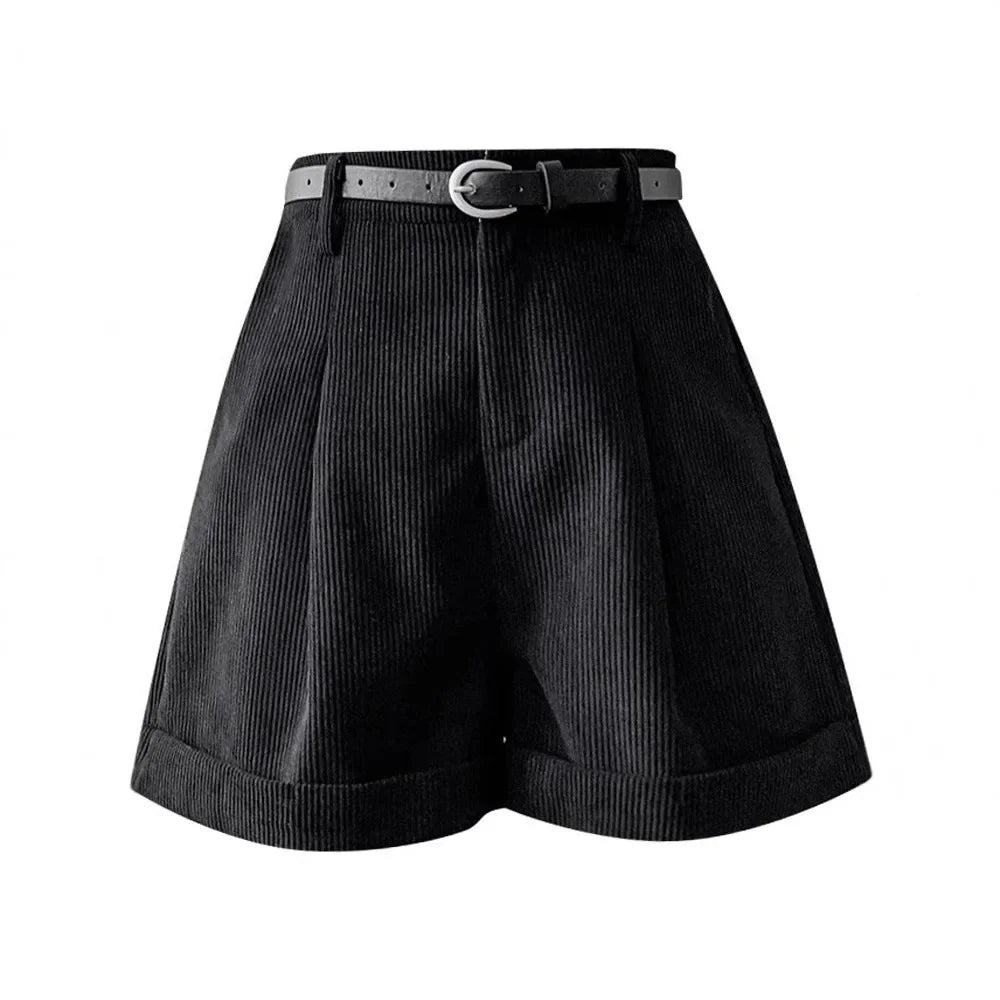 Short de Veludo Cotelê Retrô de Cintura Alta