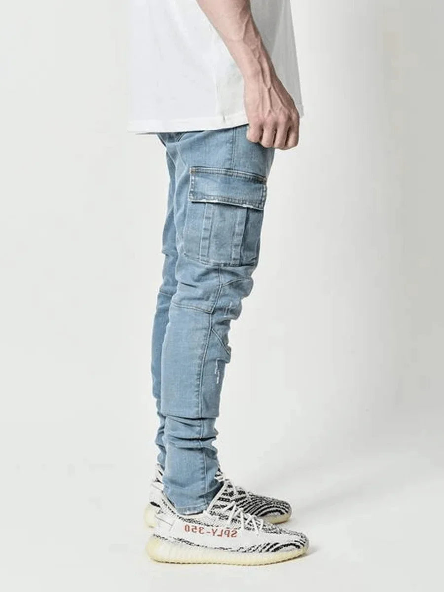 Calça Jeans Cargo com Vários Bolsos