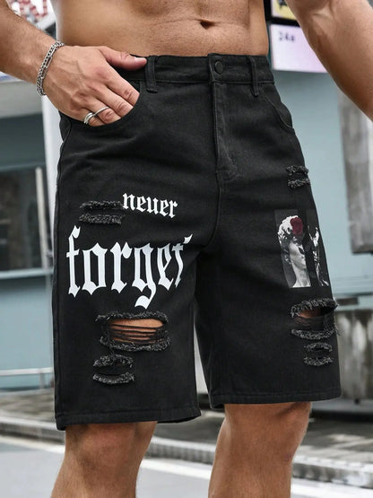 Bermuda Jeans Masculina Streetwear Rasgadas com Estampa