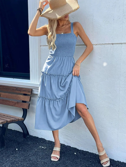 Vestido Feminino Halter Verão Cintura Elástica Midi Lisa Sem Mangas