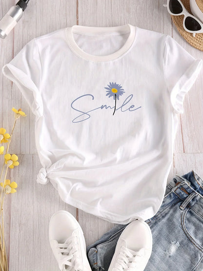 Camiseta de Gola Careca Estampa de Flores