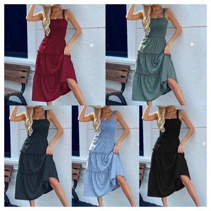 Vestido Feminino Halter Verão Cintura Elástica Midi Lisa Sem Mangas