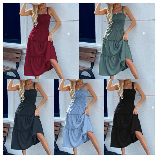 Vestido Feminino Halter Verão Cintura Elástica Midi Lisa Sem Mangas