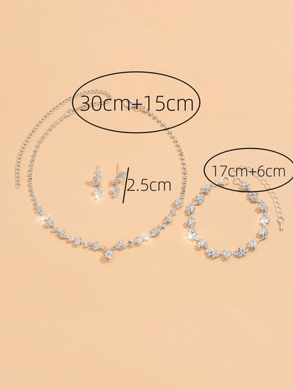 Conjunto de três peças: colar, brincos e pulseira de strass brilhantes