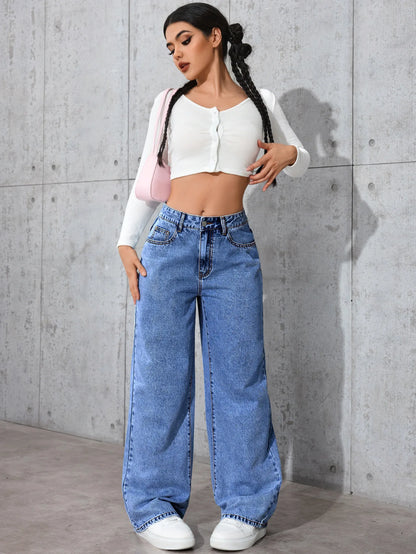 Jeans Femininos de Cintura Alta e Modelagem Larga (Loose Fit) com Perna Reta