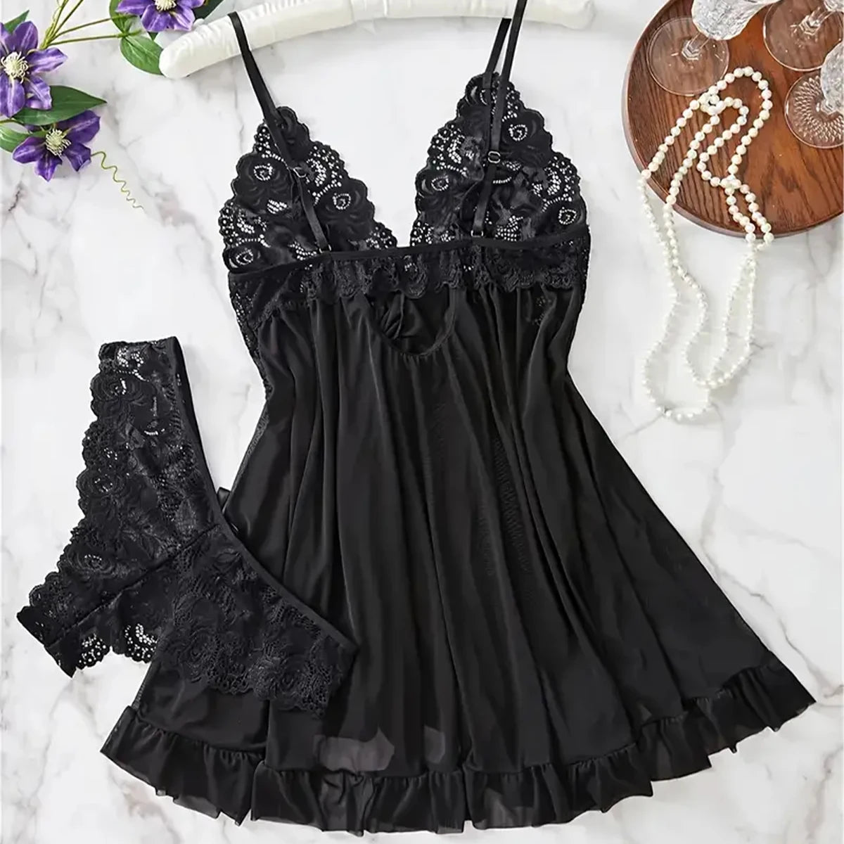 Conjunto de Lingerie Azul com Renda