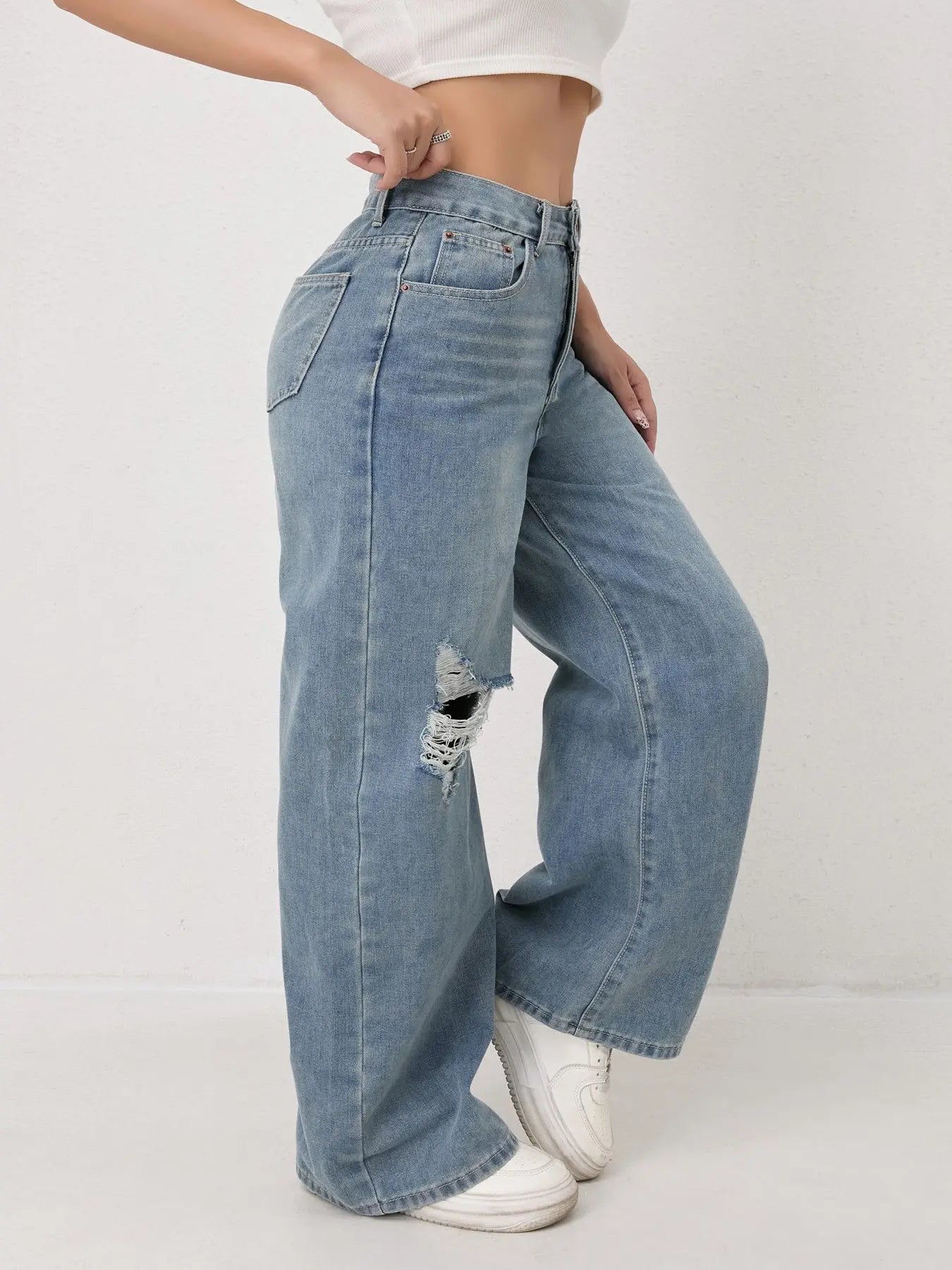 Calças Jeans de Perna Larga e Reta