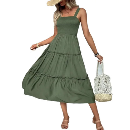 Vestido Feminino Halter Verão Cintura Elástica Midi Lisa Sem Mangas