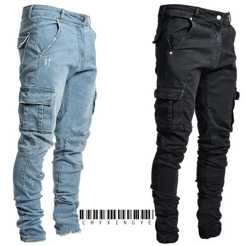 Calça Jeans Cargo com Vários Bolsos