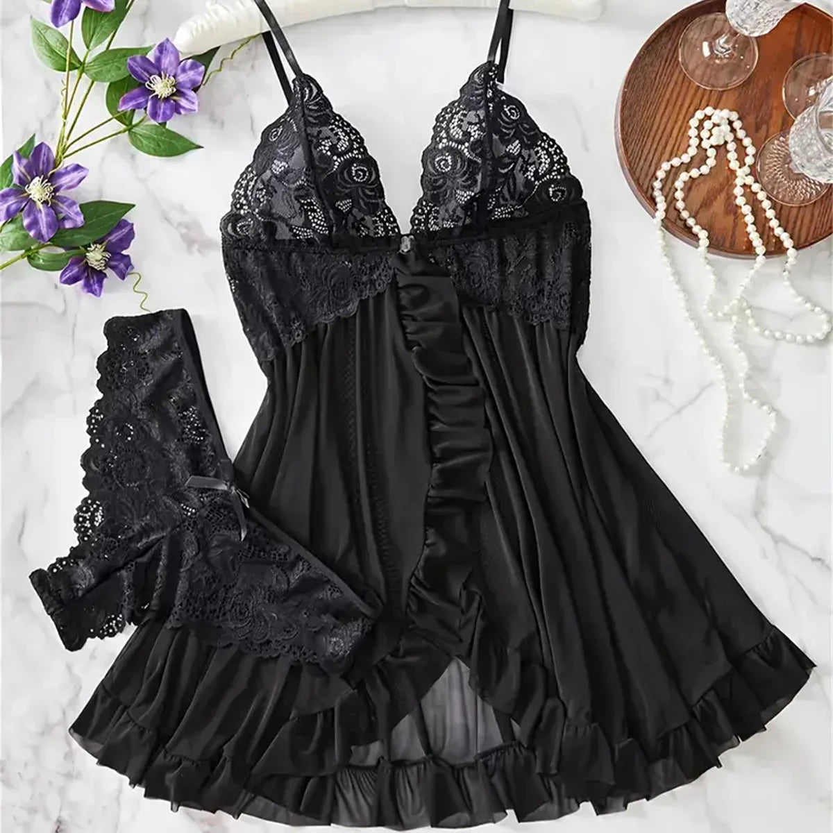 Conjunto de Lingerie Azul com Renda