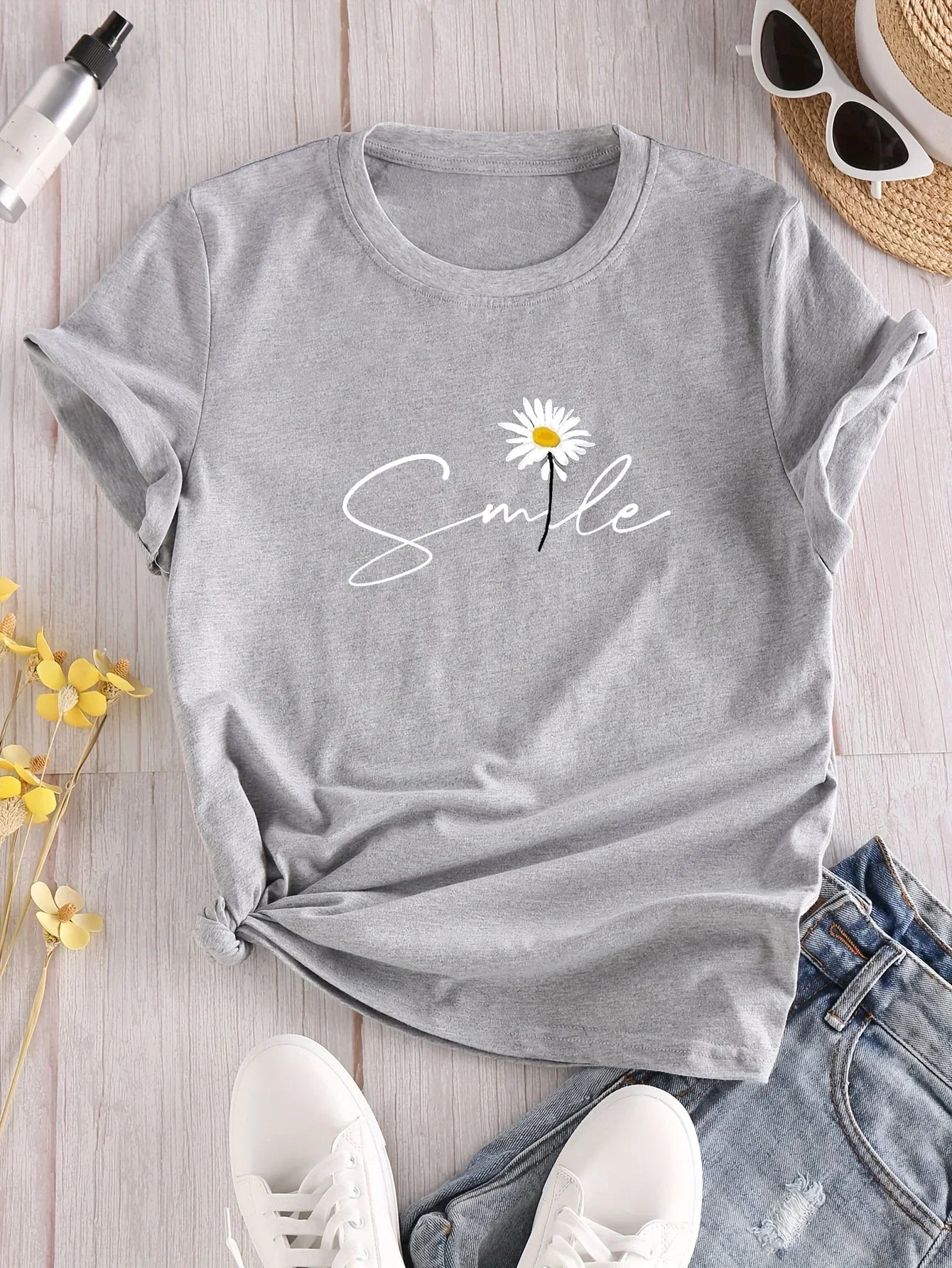 Camiseta de Gola Careca Estampa de Flores