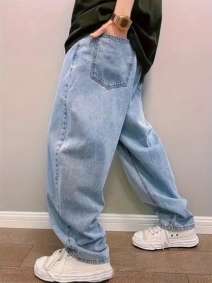 Calça Jeans Solta e Reta em Azul Claro