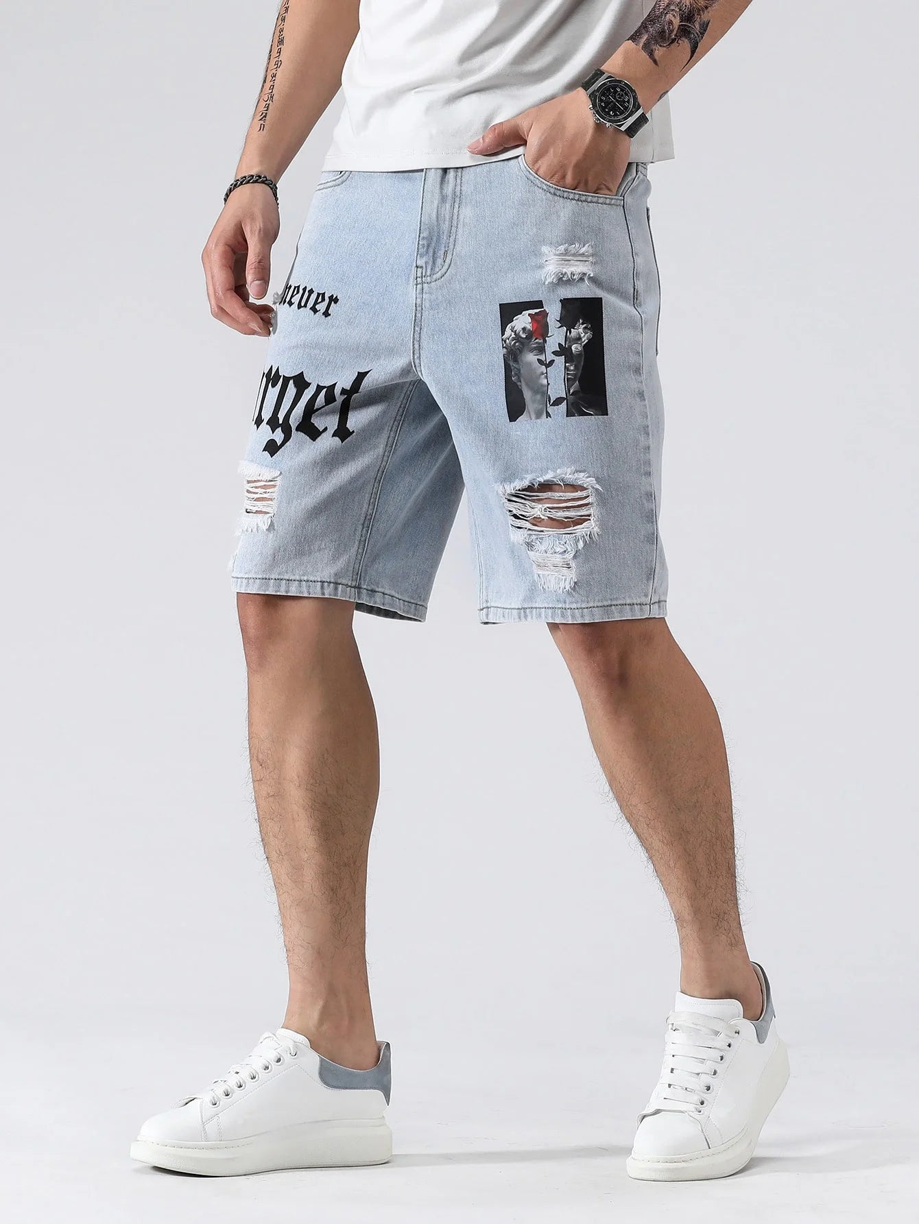Bermuda Jeans Masculina Streetwear Rasgadas com Estampa