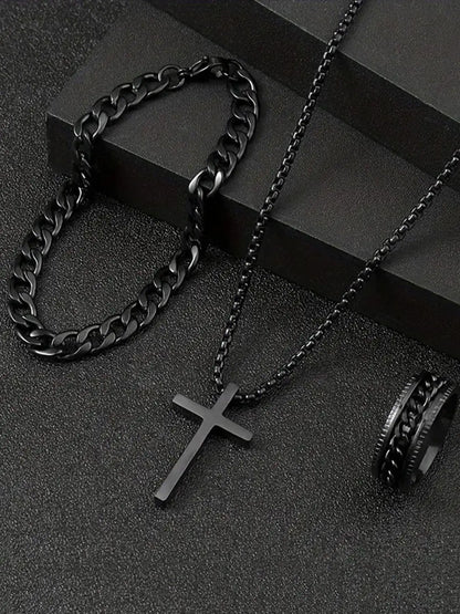 Conjunto de 3 Peças em Aço Inoxidável com Pingente de Cruz