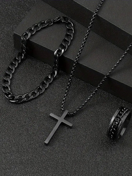Conjunto de 3 Peças em Aço Inoxidável com Pingente de Cruz
