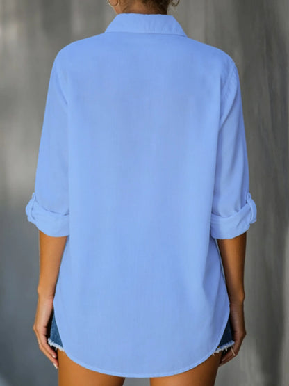 Camisa de Cor Sólida Casual e Solta com Abotoamento