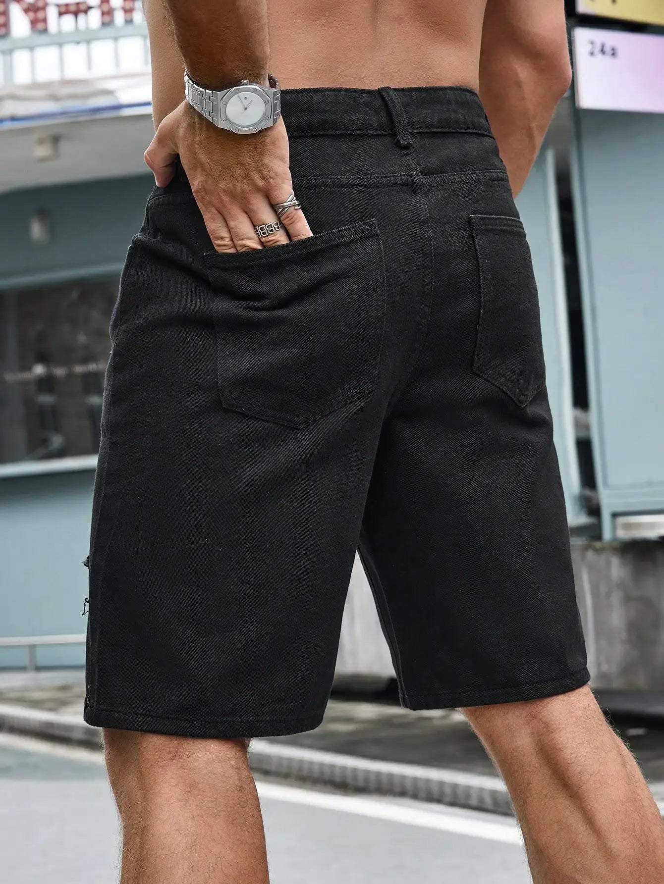 Bermuda Jeans Masculina Streetwear Rasgadas com Estampa