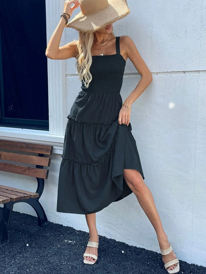 Vestido Feminino Halter Verão Cintura Elástica Midi Lisa Sem Mangas