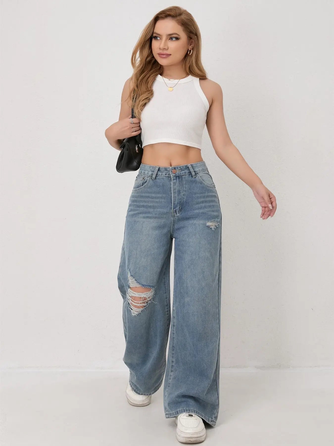 Calças Jeans de Perna Larga e Reta