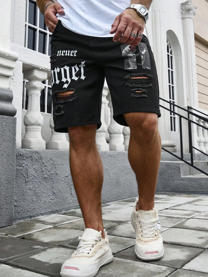 Bermuda Jeans Masculina Streetwear Rasgadas com Estampa