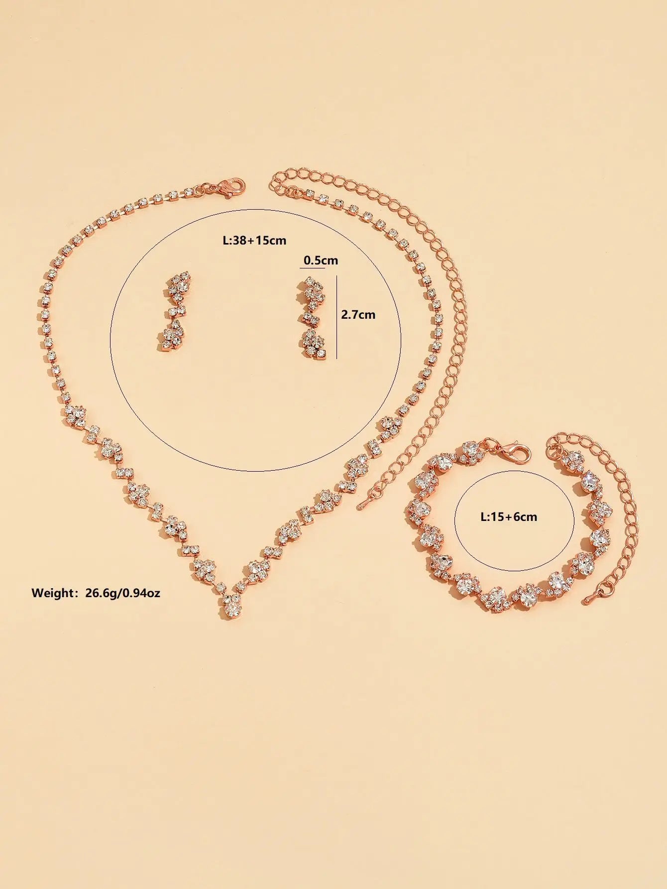 Conjunto de três peças: colar, brincos e pulseira de strass brilhantes
