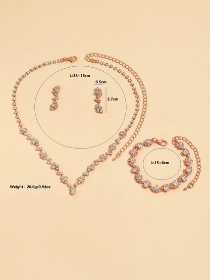 Conjunto de três peças: colar, brincos e pulseira de strass brilhantes