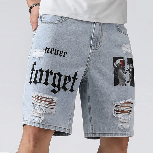 Bermuda Jeans Masculina Streetwear Rasgadas com Estampa