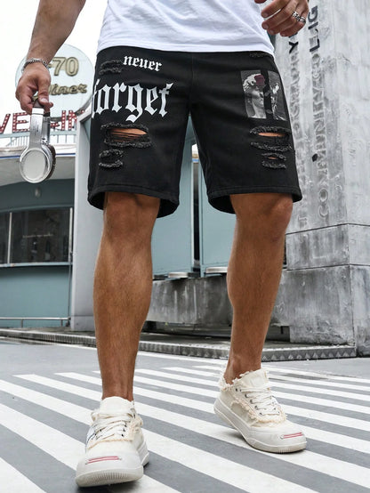Bermuda Jeans Masculina Streetwear Rasgadas com Estampa