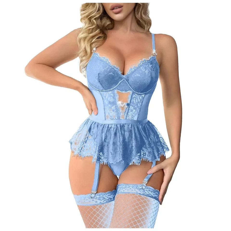 Lingerie Erótica de Alcinha Fina Conjunto de Renda Bodysuit