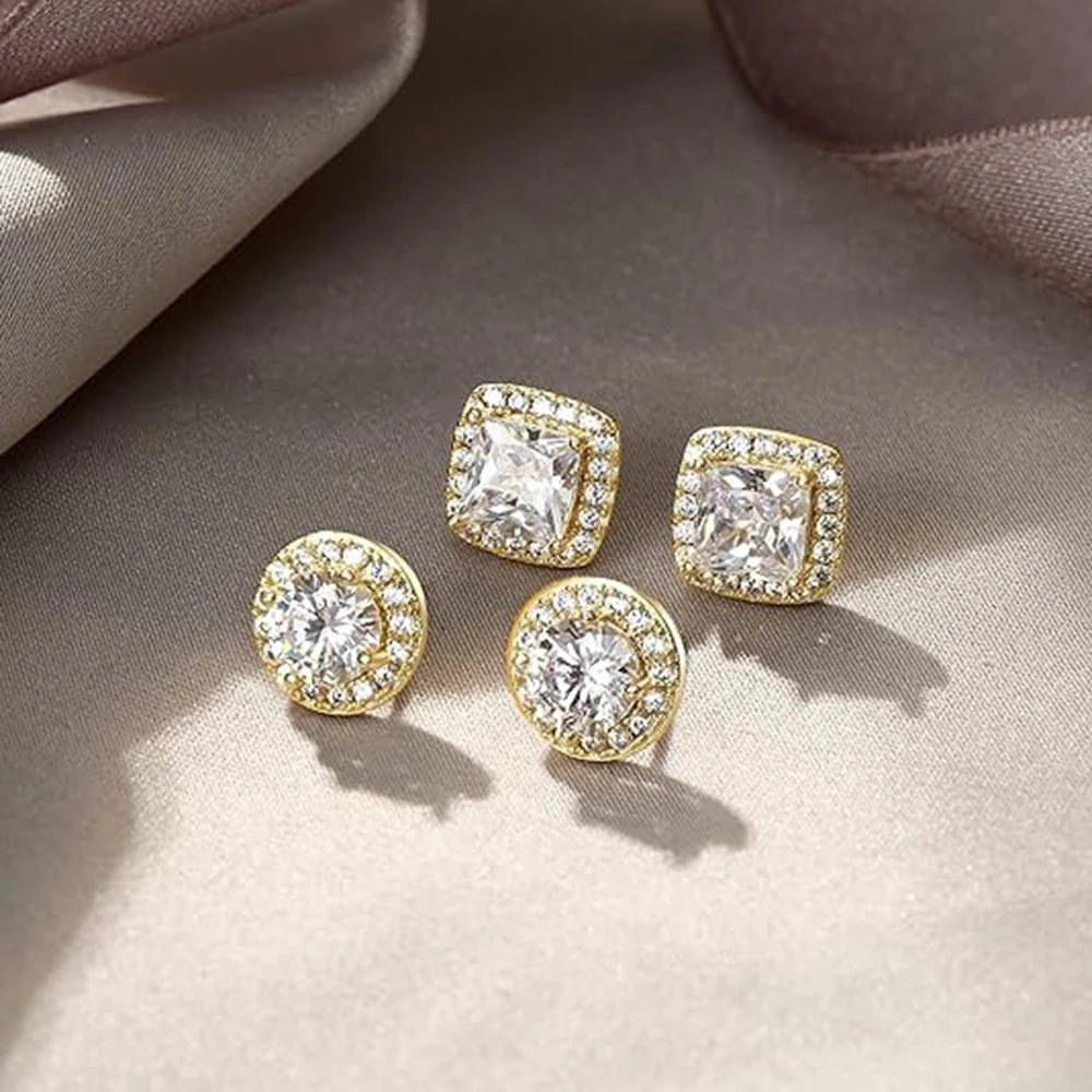 Conjunto de Brincos Redondos e Quadrados com Diamante